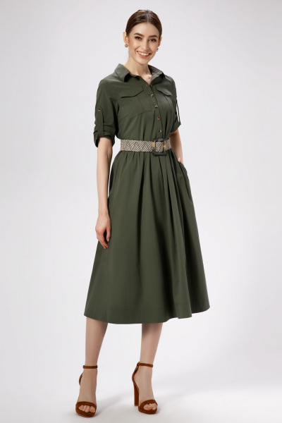 Миди платье с приталенным силуэтом и поясом из хлопка Панда ПА-476080 хаки - фото 1
