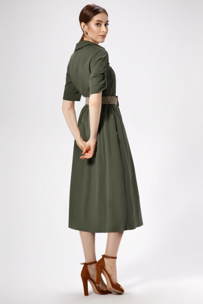 Миди платье с приталенным силуэтом и поясом из хлопка Панда ПА-476080 хаки - фото 2