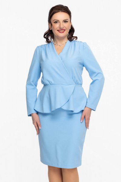 Нарядный костюм с юбкой и блузкой, батал, вечерний, стильный образ Дорофея 624-1 голубой - фото 4