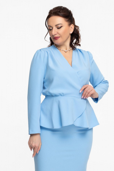 Нарядный костюм с юбкой и блузкой, батал, вечерний, стильный образ Дорофея 624-1 голубой - фото 3