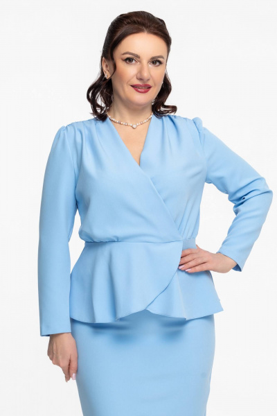 Нарядный костюм с юбкой и блузкой, батал, вечерний, стильный образ Дорофея 624-1 голубой - фото 2