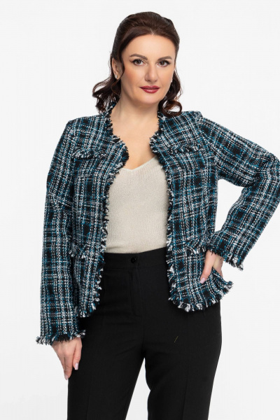Короткий жакет из твида, деловой стиль, на каждый день, демисезон Дорофея 446 черный,изумрудный - фото 1