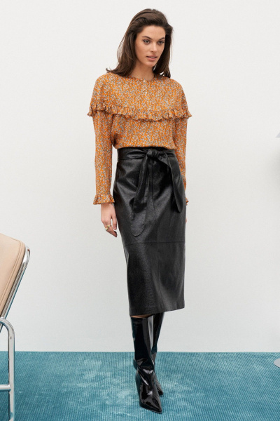 Черная кожаная юбка-карандаш, на меху, классика, молодежный стиль C. of PAPAYA NEW 1659 черный - фото 1