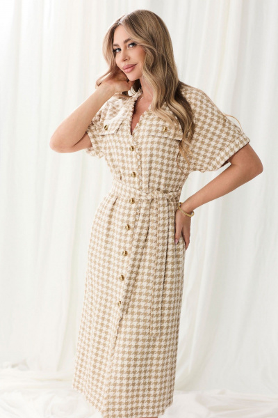 Платье с V-образным вырезом, хлопок, трикотаж, универсальное Golden Valley 44106 бежевый - фото 4