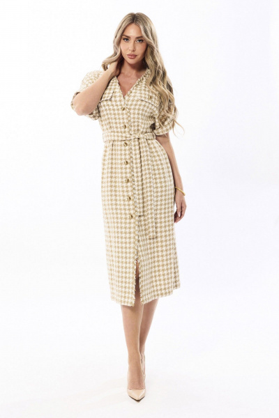 Платье с V-образным вырезом, хлопок, трикотаж, универсальное Golden Valley 44106 бежевый - фото 1