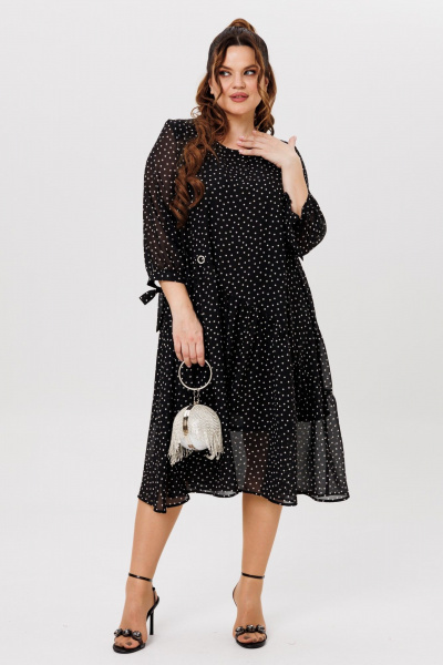 Черное платье на торжество из шифона с воланами Michel chic 2164 черный,горох - фото 1