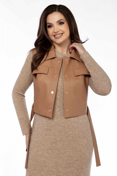 Костюм из трикотажа и экокожи платье и жилет бежевый LEANNA-STYLE 9010-1 бежевый_ коричневый - фото 2