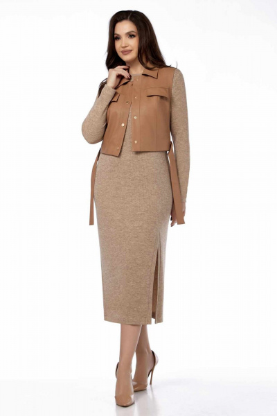 Костюм из трикотажа и экокожи платье и жилет бежевый LEANNA-STYLE 9010-1 бежевый_ коричневый - фото 1