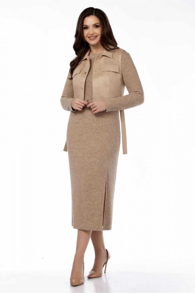 Костюм из искусственной замши и трикотажа платье и жилет бежевый LEANNA-STYLE 9010-2 бежевый - фото 2