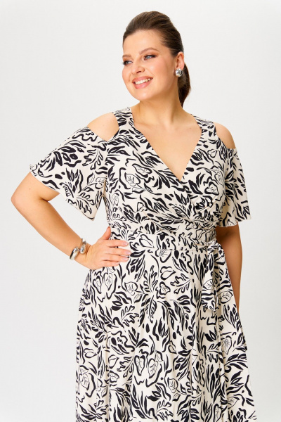 Платье с V-образным вырезом из вискозы с принтом ANASTASIA MAK 1254 молочный+черный - фото 5