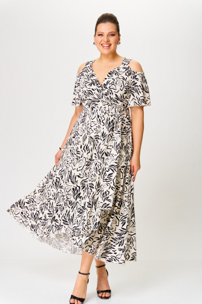 Платье с V-образным вырезом из вискозы с принтом ANASTASIA MAK 1254 молочный+черный - фото 3