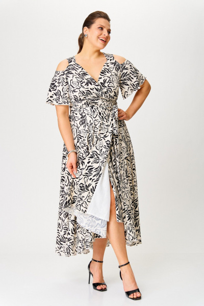 Платье с V-образным вырезом из вискозы с принтом ANASTASIA MAK 1254 молочный+черный - фото 2