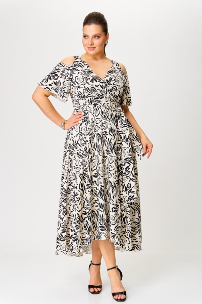Платье с V-образным вырезом из вискозы с принтом ANASTASIA MAK 1254 молочный+черный - фото 1