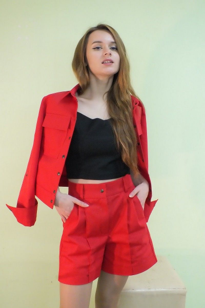 Укороченный хлопковый жакет с накладными карманами хлопковый Lady Smile 701 красно-кораловый - фото 2