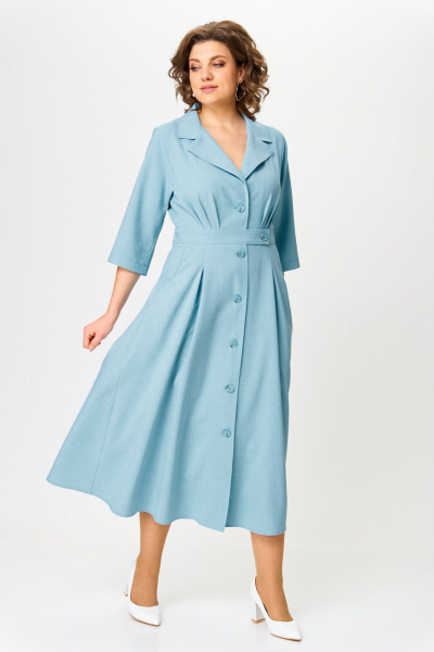 Демисезонное платье А-силуэта с эффектом льна и воротником-V ANASTASIA MAK 1233 голубой - фото 2