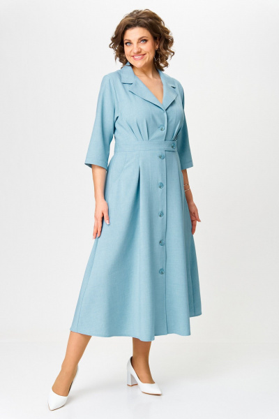 Демисезонное платье А-силуэта с эффектом льна и воротником-V ANASTASIA MAK 1233 голубой - фото 1