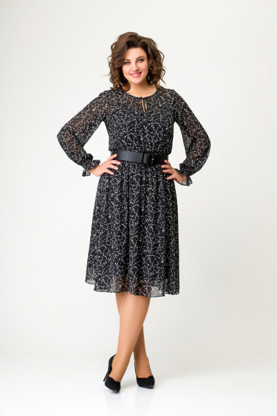 Круглогодичное нарядное платье миди из шифона с поясом Swallow 650 черно-белая_лоза - фото 12