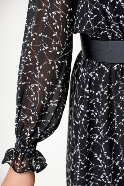 Круглогодичное нарядное платье миди из шифона с поясом Swallow 650 черно-белая_лоза - фото 9