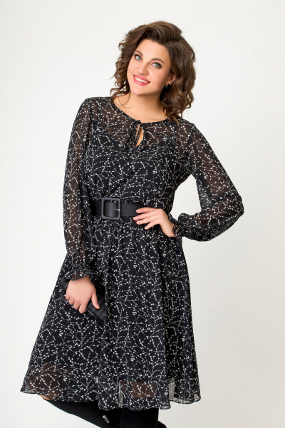 Круглогодичное нарядное платье миди из шифона с поясом Swallow 650 черно-белая_лоза - фото 7