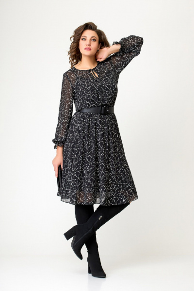 Круглогодичное нарядное платье миди из шифона с поясом Swallow 650 черно-белая_лоза - фото 4