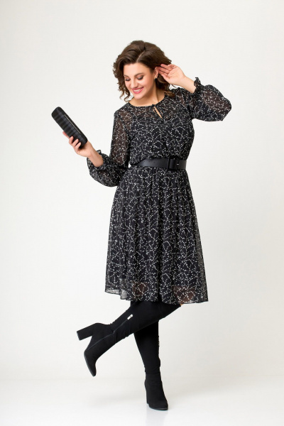 Круглогодичное нарядное платье миди из шифона с поясом Swallow 650 черно-белая_лоза - фото 3