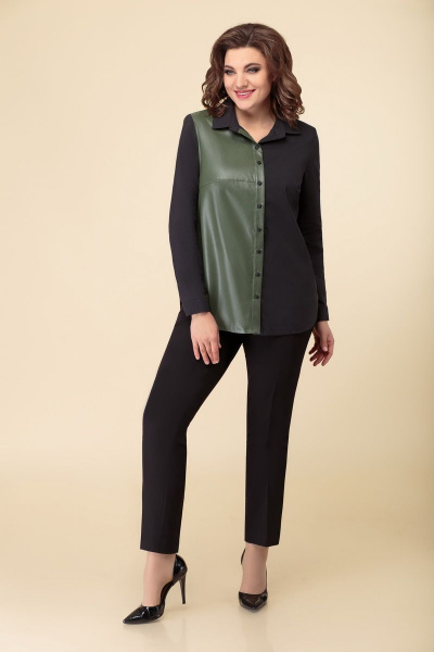 Блуза на каждый день из текстиля, хлопка и эко-кожи DaLi 4386 хаки - фото 3
