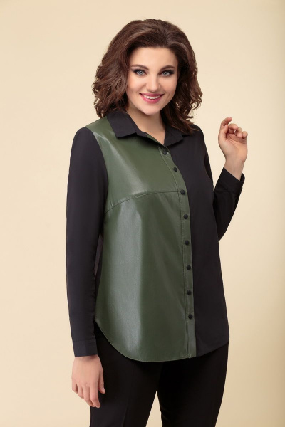 Блуза на каждый день из текстиля, хлопка и эко-кожи DaLi 4386 хаки - фото 1