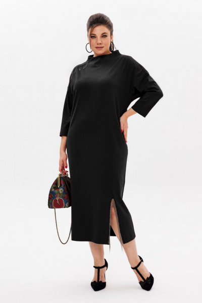 Платье свободного силуэта из вискозы с разрезом и металлической тесьмой Anelli 52 нуар - фото 1