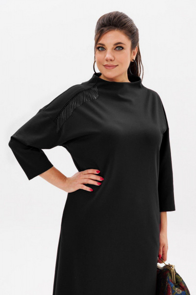 Платье свободного силуэта из вискозы с разрезом и металлической тесьмой Anelli 52 нуар - фото 2