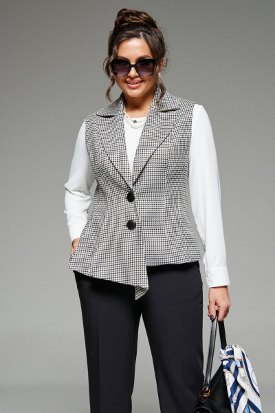 Деловой костюм 3-ка из твида с жилетом и блузой Beautiful&Free 6262 черный+гусиная_лапка - фото 4