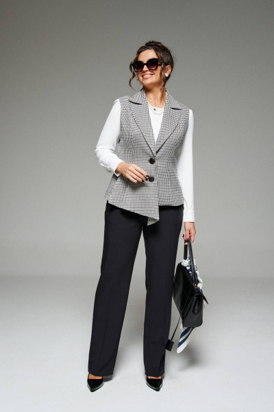 Деловой костюм 3-ка из твида с жилетом и блузой Beautiful&Free 6262 черный+гусиная_лапка - фото 3