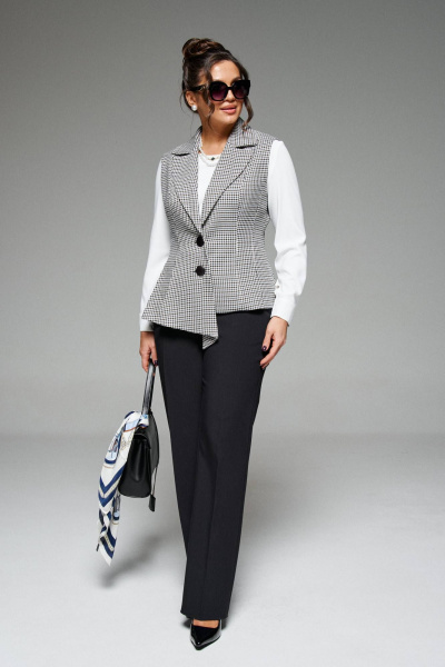 Деловой костюм 3-ка из твида с жилетом и блузой Beautiful&Free 6262 черный+гусиная_лапка - фото 2
