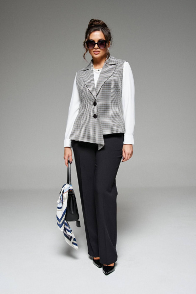 Деловой костюм 3-ка из твида с жилетом и блузой Beautiful&Free 6262 черный+гусиная_лапка - фото 1