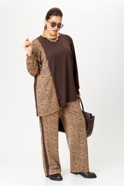 Комфортный комплект джемпер и брюки из трикотажа OVERYOU М190 бежевый_коричневый - фото 1