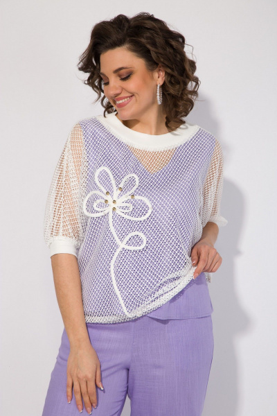 Комплект из льна с сетчатым топом и брюками Liliana 1410 лаванда+светлый - фото 3