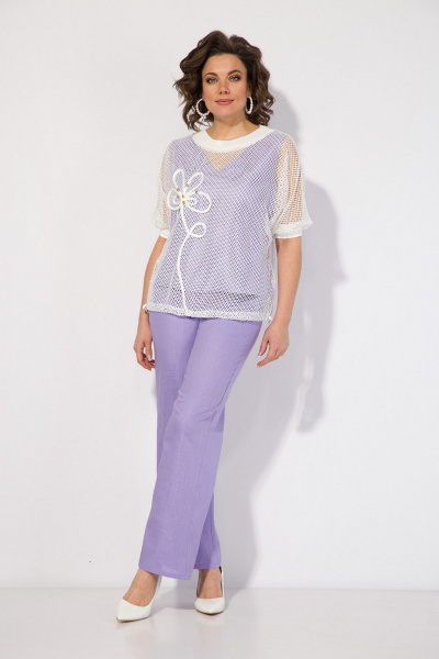 Комплект из льна с сетчатым топом и брюками Liliana 1410 лаванда+светлый - фото 1