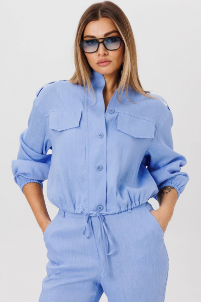 Льняной комплект свободного силуэта с бомбером и брюками AMIE by Ma Сherie 8010 голубой - фото 4