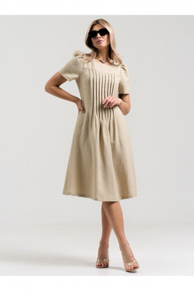 Летнее платье с кокеткой и бантовыми складками AltaModa 1033 бежевый - фото 1