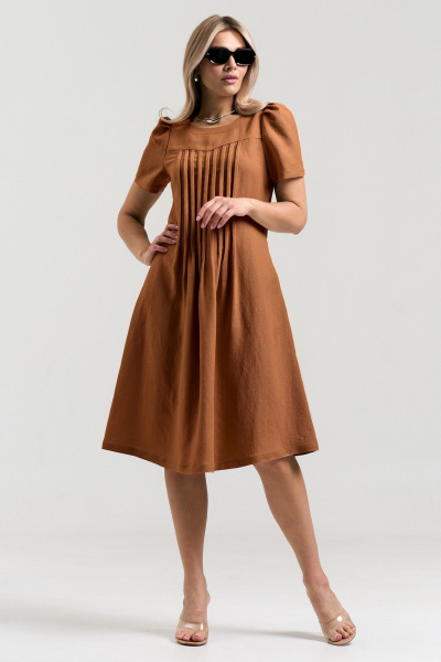 Летнее платье из вискозы и льна с отрезной кокеткой AltaModa 1033-6 терракот - фото 1