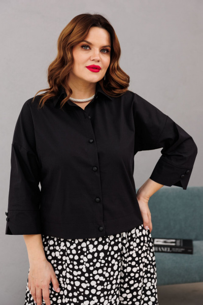 Демисезонная черная блузка со спущенным плечом на пуговицах Anastasia 1201 черный - фото 2
