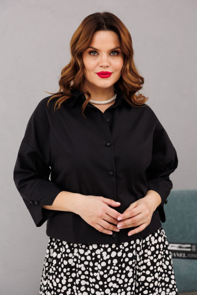 Демисезонная черная блузка со спущенным плечом на пуговицах Anastasia 1201 черный - фото 1