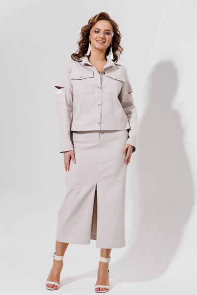 Демисезонный костюм жакет и юбка из джинса с карманами Galean Style 966 беж - фото 6