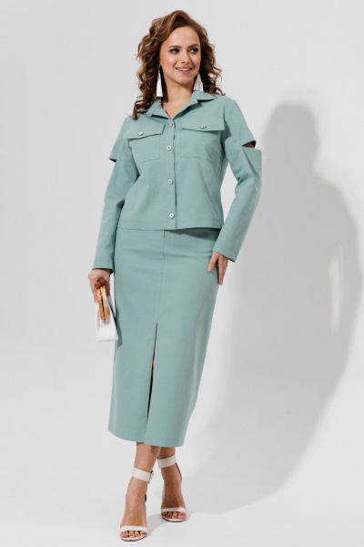 Демисезонный костюм жакет и юбка из хлопка с карманами Galean Style 966 голубой - фото 7