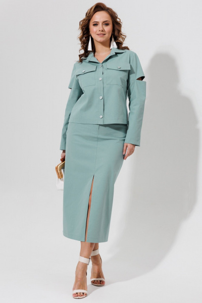 Демисезонный костюм жакет и юбка из хлопка с карманами Galean Style 966 голубой - фото 6