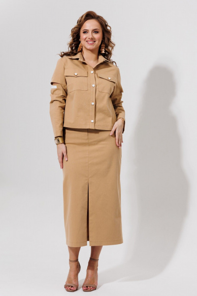 Бежевый джинсовый костюм жакет и юбка с короткой длиной Galean Style 966 песочный - фото 10