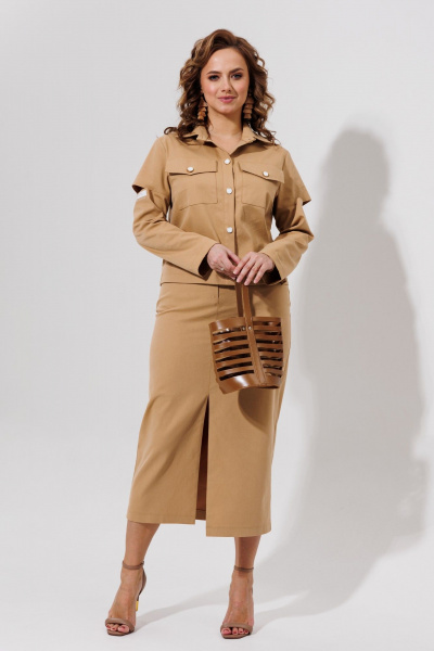 Бежевый джинсовый костюм жакет и юбка с короткой длиной Galean Style 966 песочный - фото 7