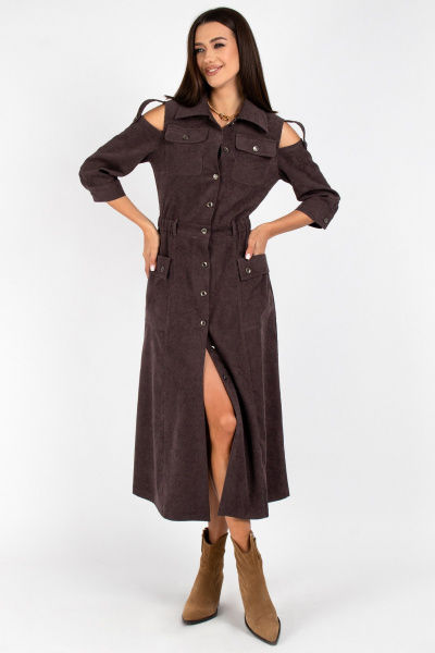 Платье из вельвета с пуговицами и кокеткой по талии VIZAVI 824 мокко_вельвет - фото 2