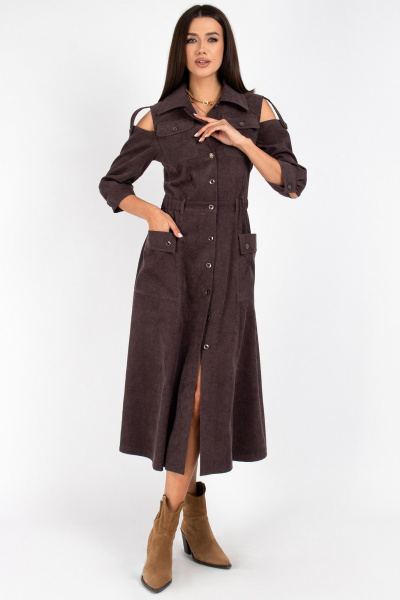 Платье из вельвета с пуговицами и кокеткой по талии VIZAVI 824 мокко_вельвет - фото 1