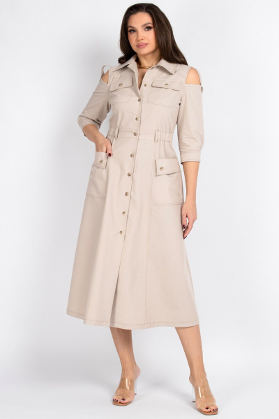 Платье из хлопка с резинкой по талии и клиньями VIZAVI 823 бежевый_джинс - фото 7