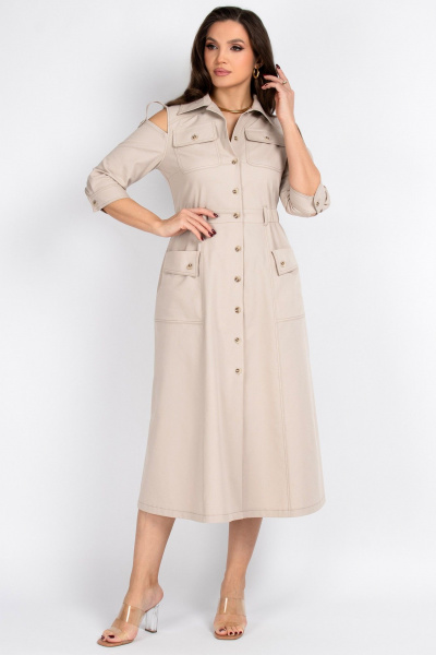 Платье из хлопка с резинкой по талии и клиньями VIZAVI 823 бежевый_джинс - фото 2